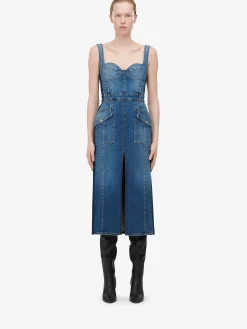 Discount Alexander McQueen Women's Kickback Denim Dress in Washed Blue