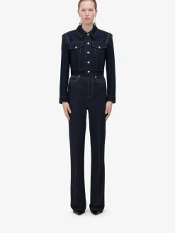 Sale Alexander McQueen Women's Lace Detail Cropped Jacket in Denim
