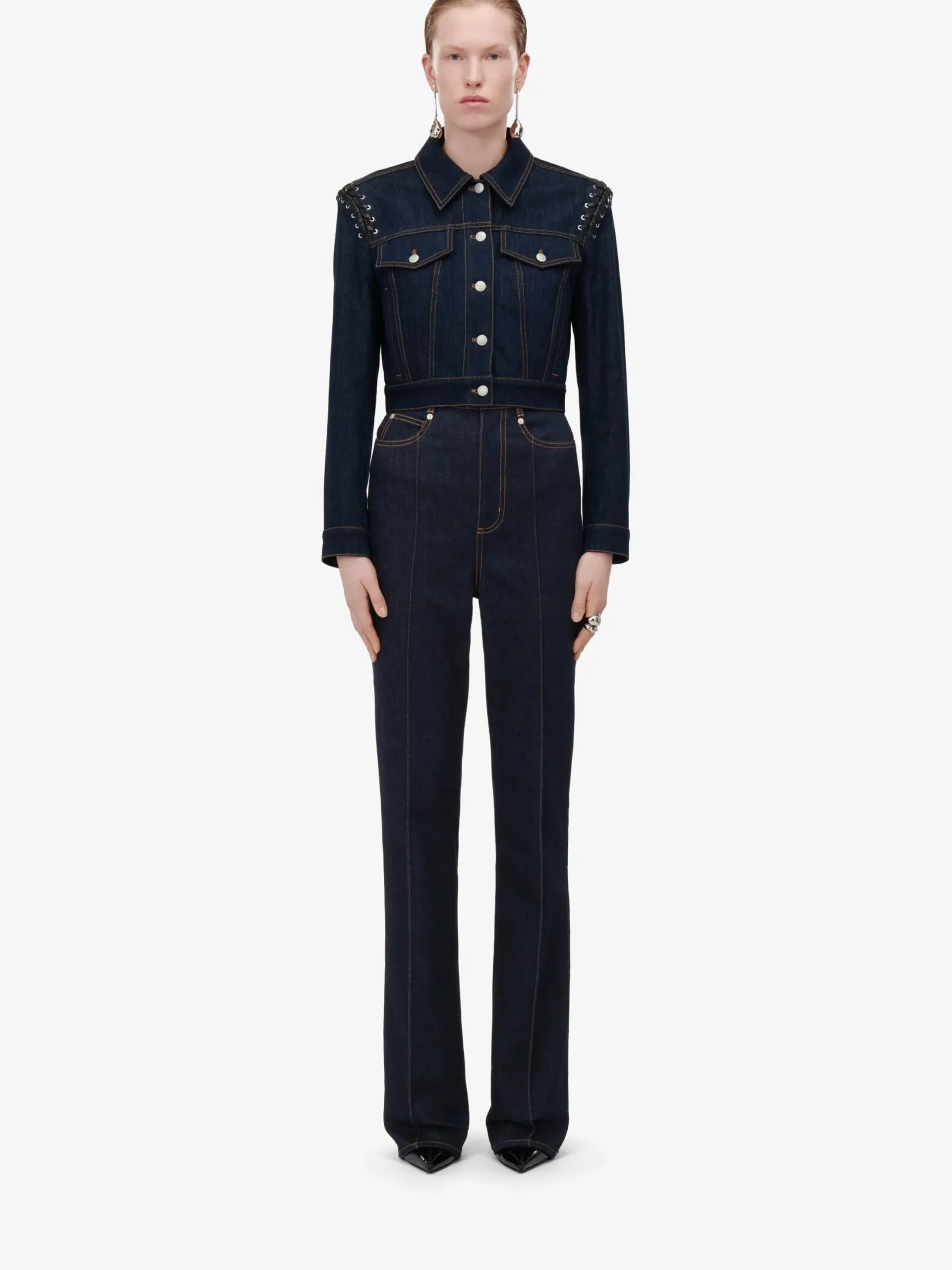 Sale Alexander McQueen Women's Lace Detail Cropped Jacket in Denim