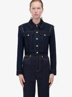 Sale Alexander McQueen Women's Lace Detail Cropped Jacket in Denim