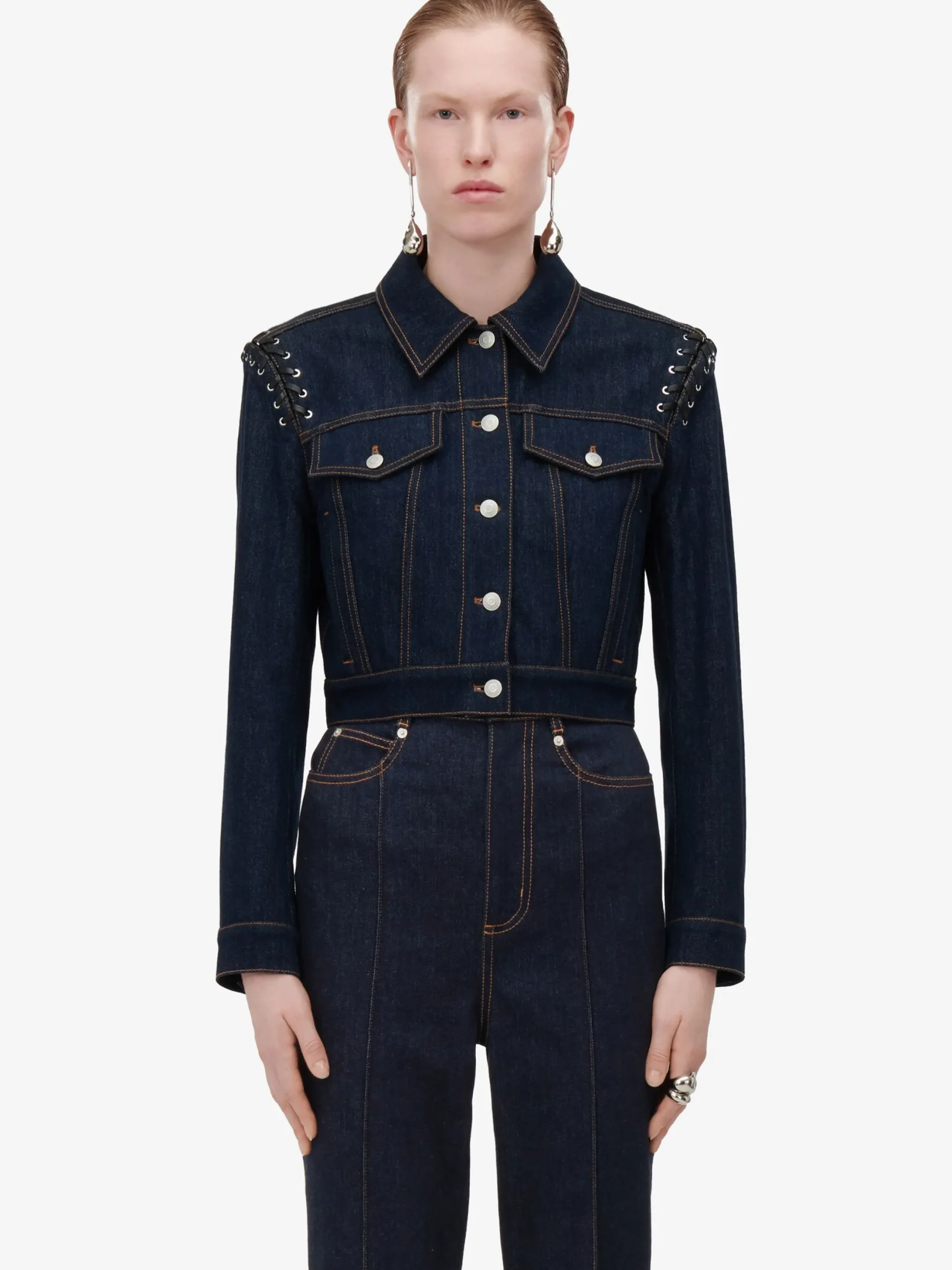 Sale Alexander McQueen Women's Lace Detail Cropped Jacket in Denim
