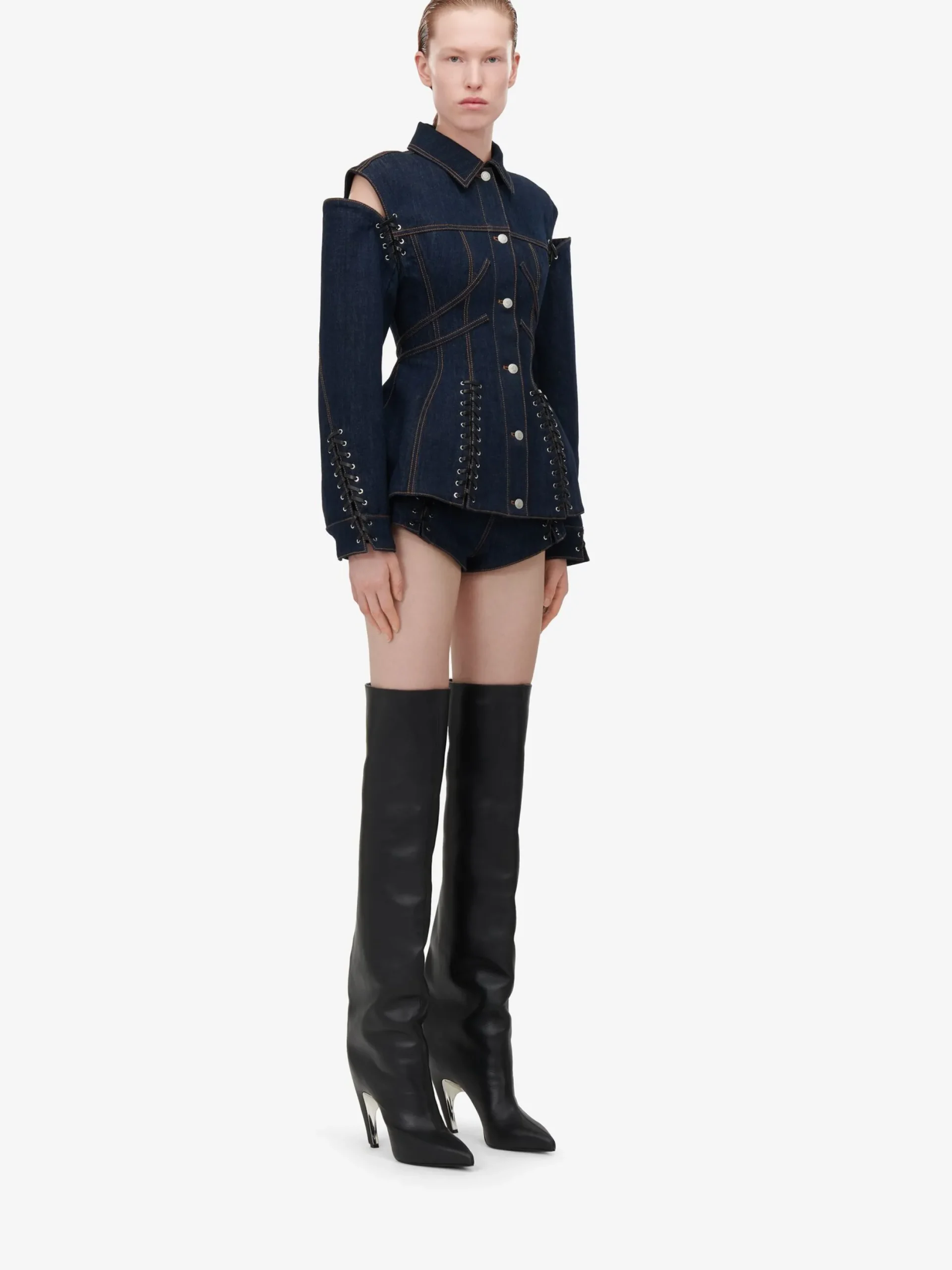 Store Alexander McQueen Women's Lace Detail Micro Shorts in Denim