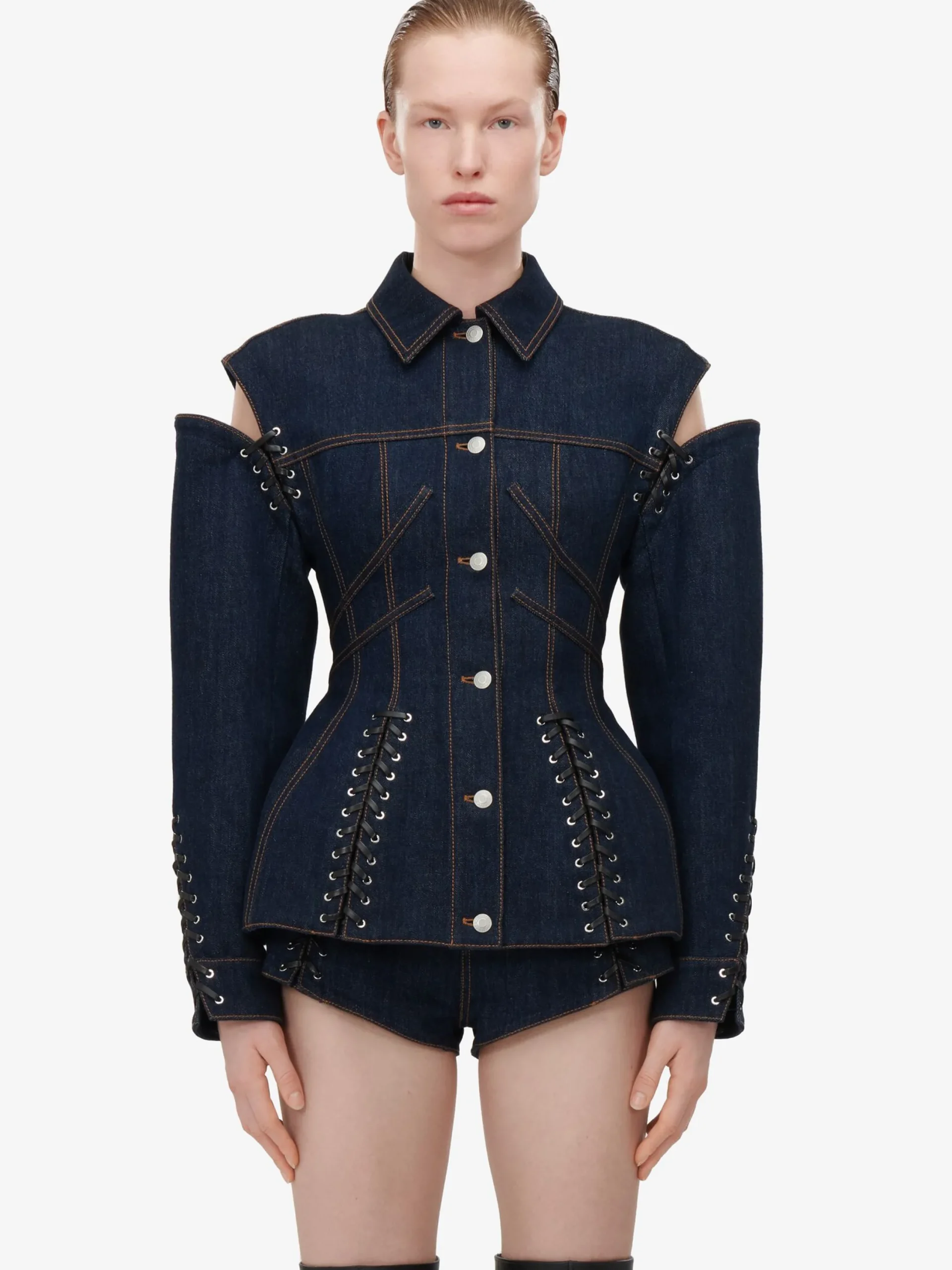 Store Alexander McQueen Women's Lace Detail Micro Shorts in Denim