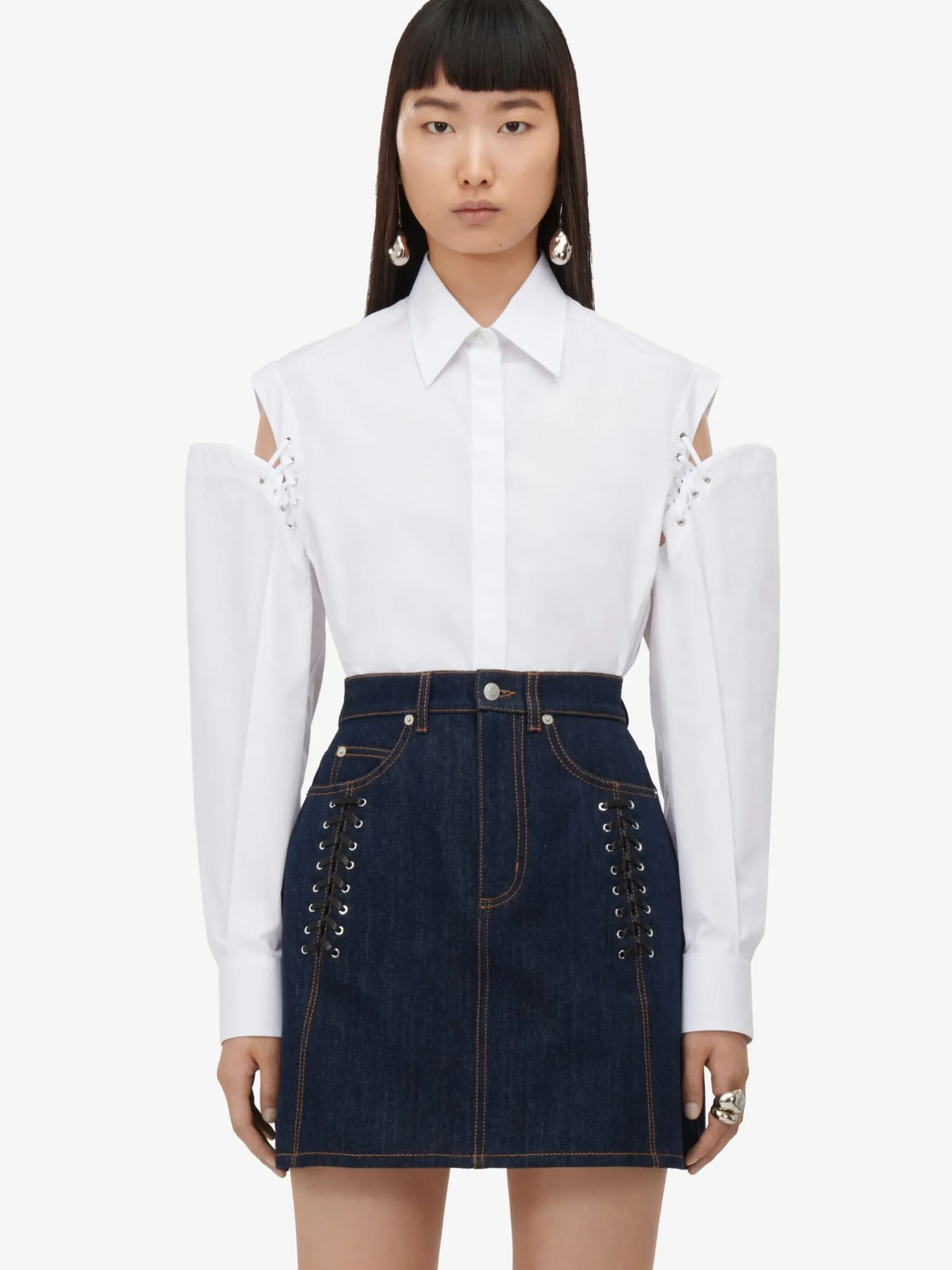 Sale Alexander McQueen Women's Lace Detail Mini Skirt in Denim