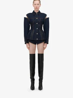 Sale Alexander McQueen Women's Lace Detail Slashed Jacket in Denim