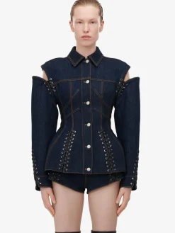 Sale Alexander McQueen Women's Lace Detail Slashed Jacket in Denim
