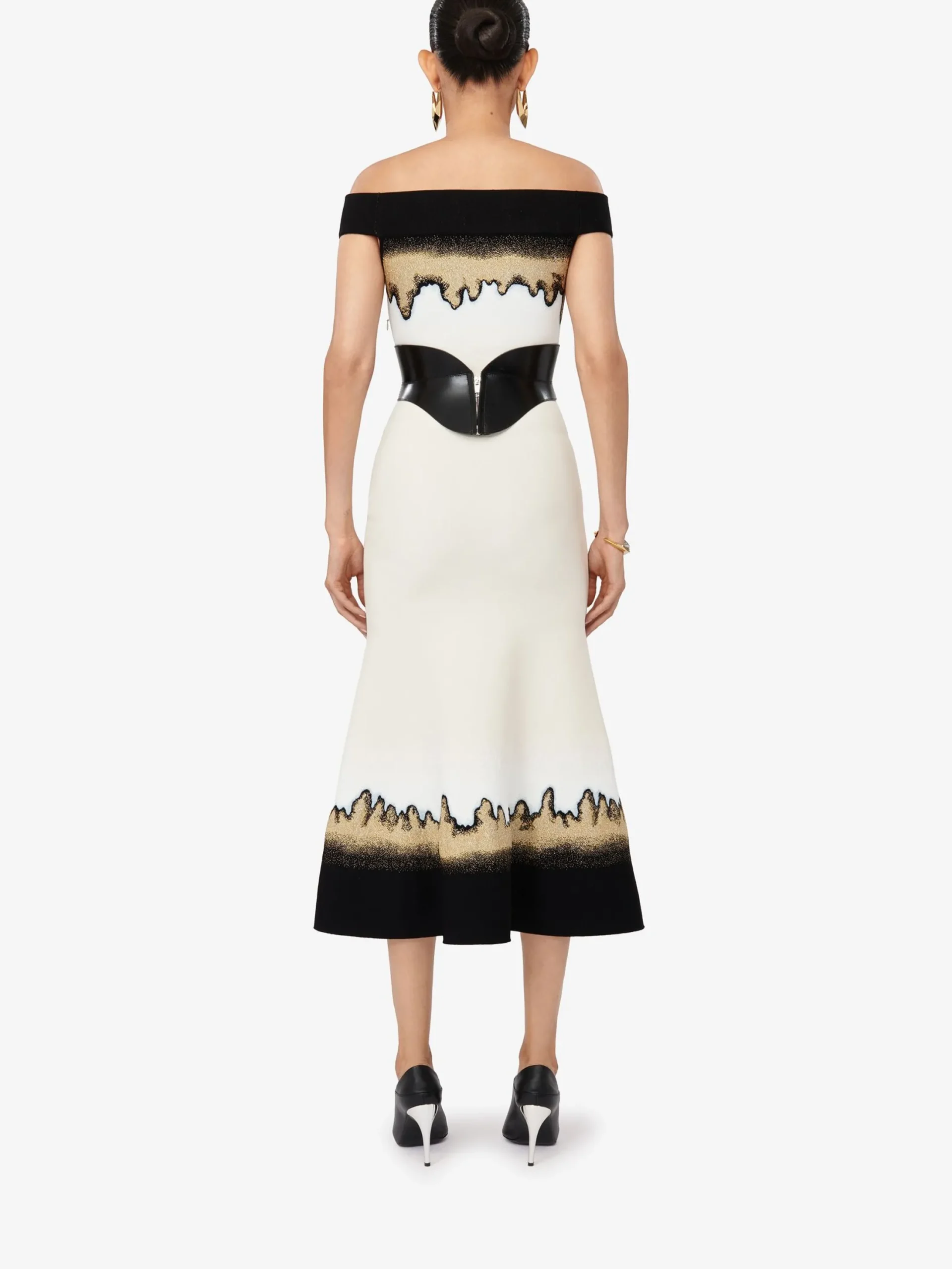 Store Alexander McQueen Women's Off-the-shoulder Jacquard Dress in Ivory/Black/Gold