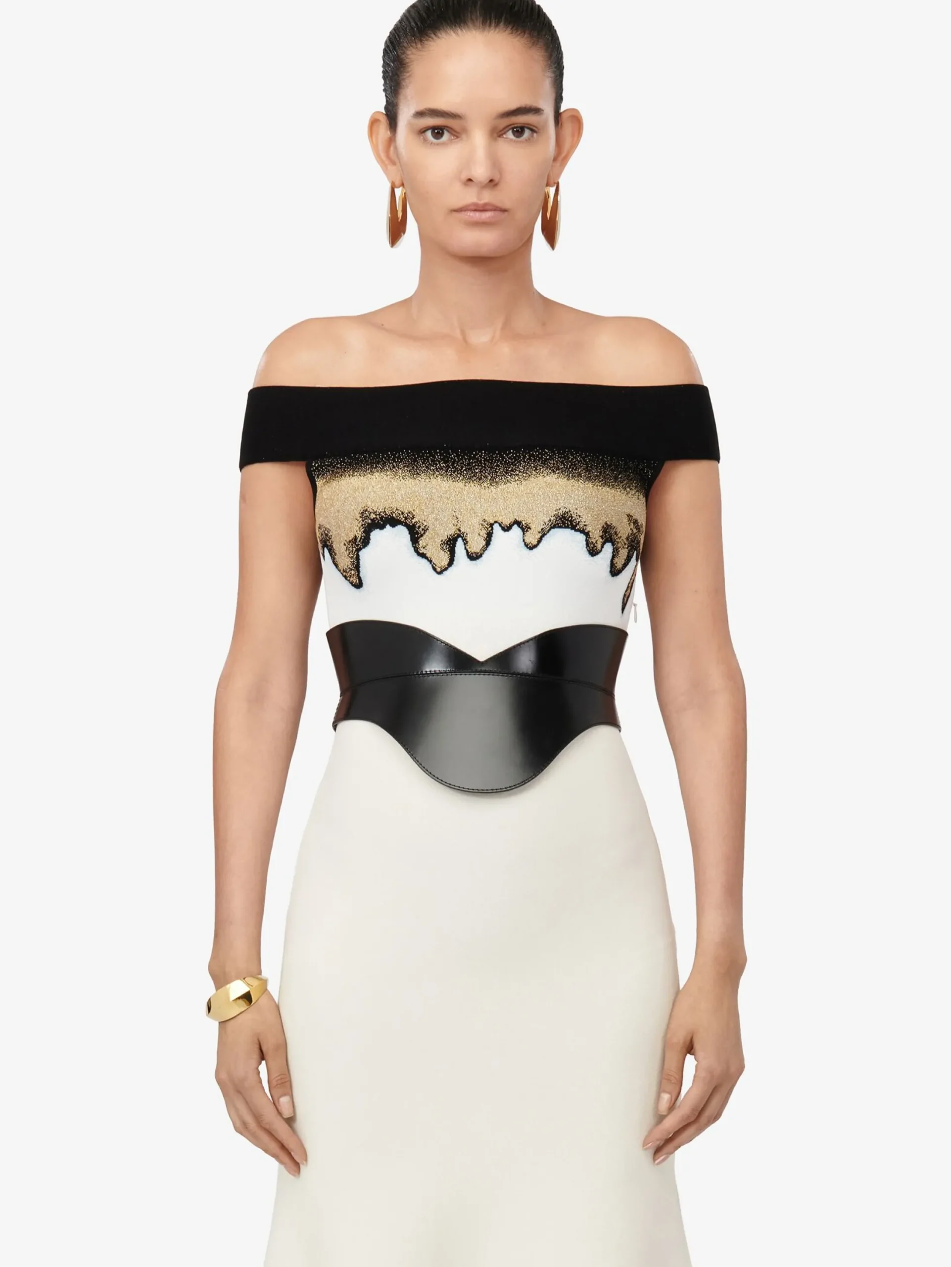 Store Alexander McQueen Women's Off-the-shoulder Jacquard Dress in Ivory/Black/Gold