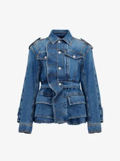 Best Alexander McQueen Women's Patch Pocket Peplum Denim Jacket in Washed Blue