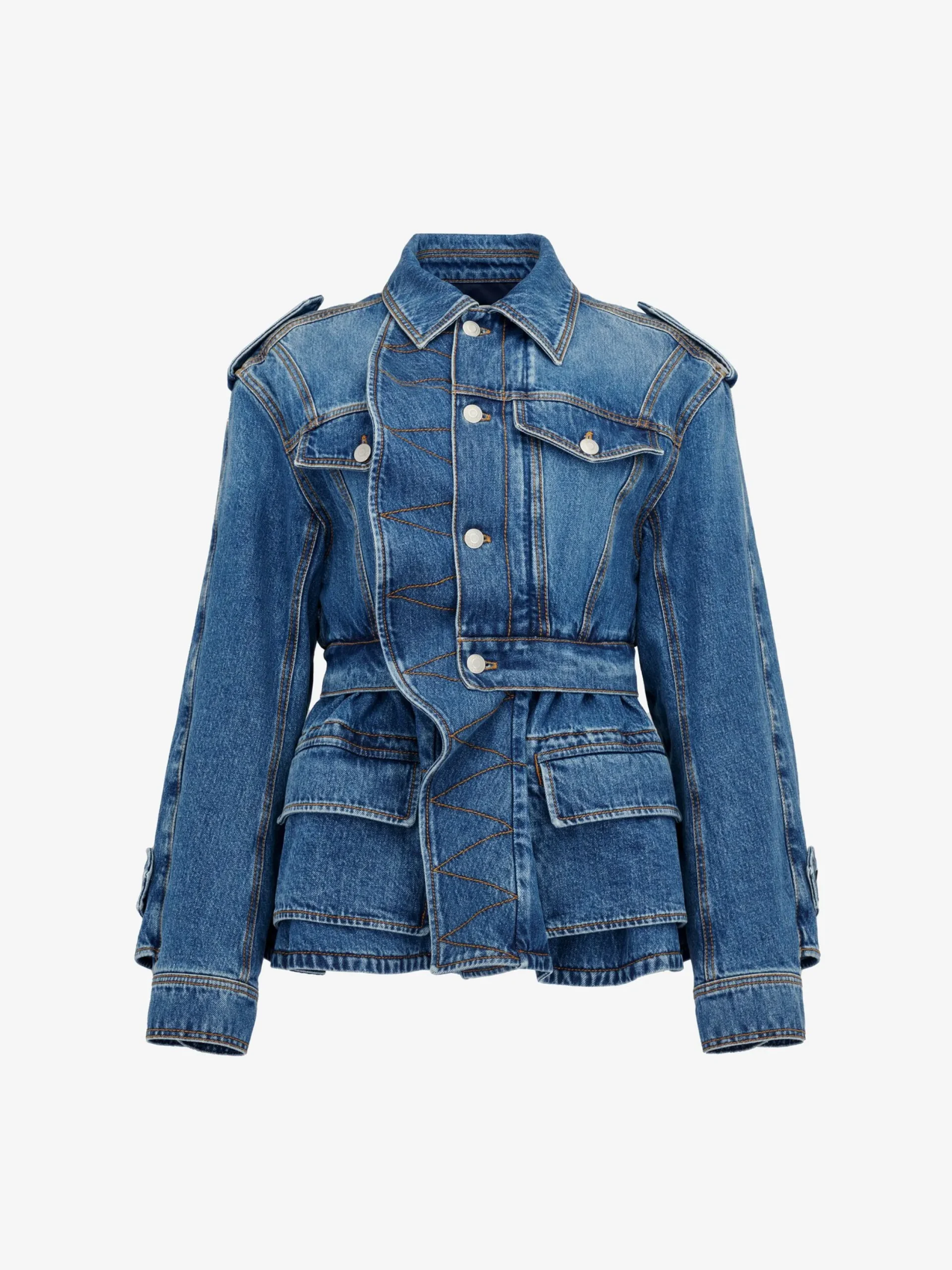 Best Alexander McQueen Women's Patch Pocket Peplum Denim Jacket in Washed Blue