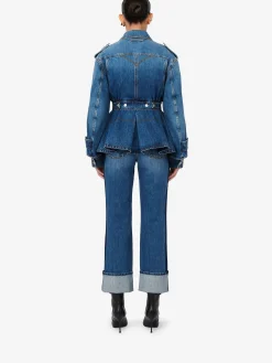 Best Alexander McQueen Women's Patch Pocket Peplum Denim Jacket in Washed Blue