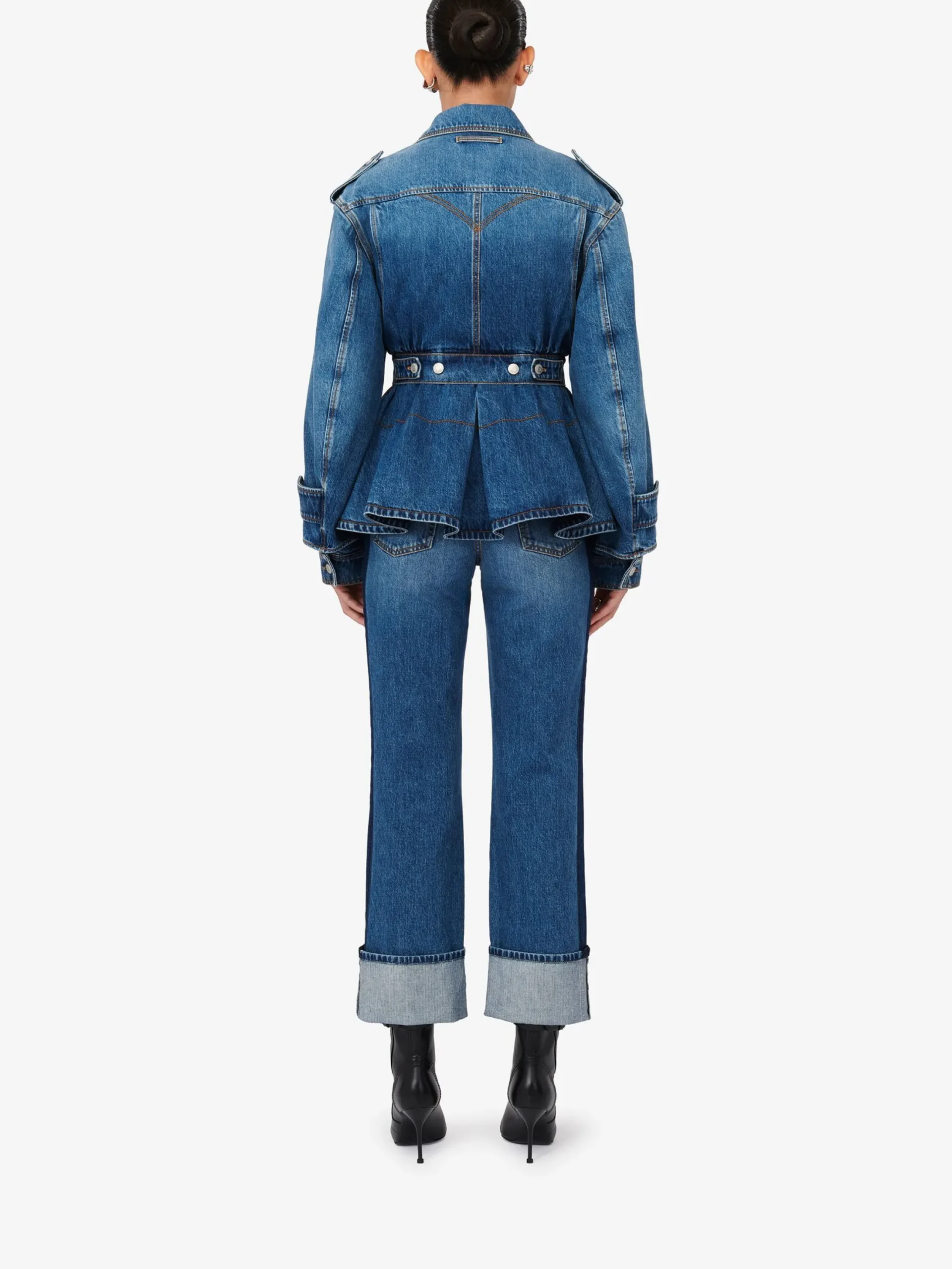Best Alexander McQueen Women's Patch Pocket Peplum Denim Jacket in Washed Blue