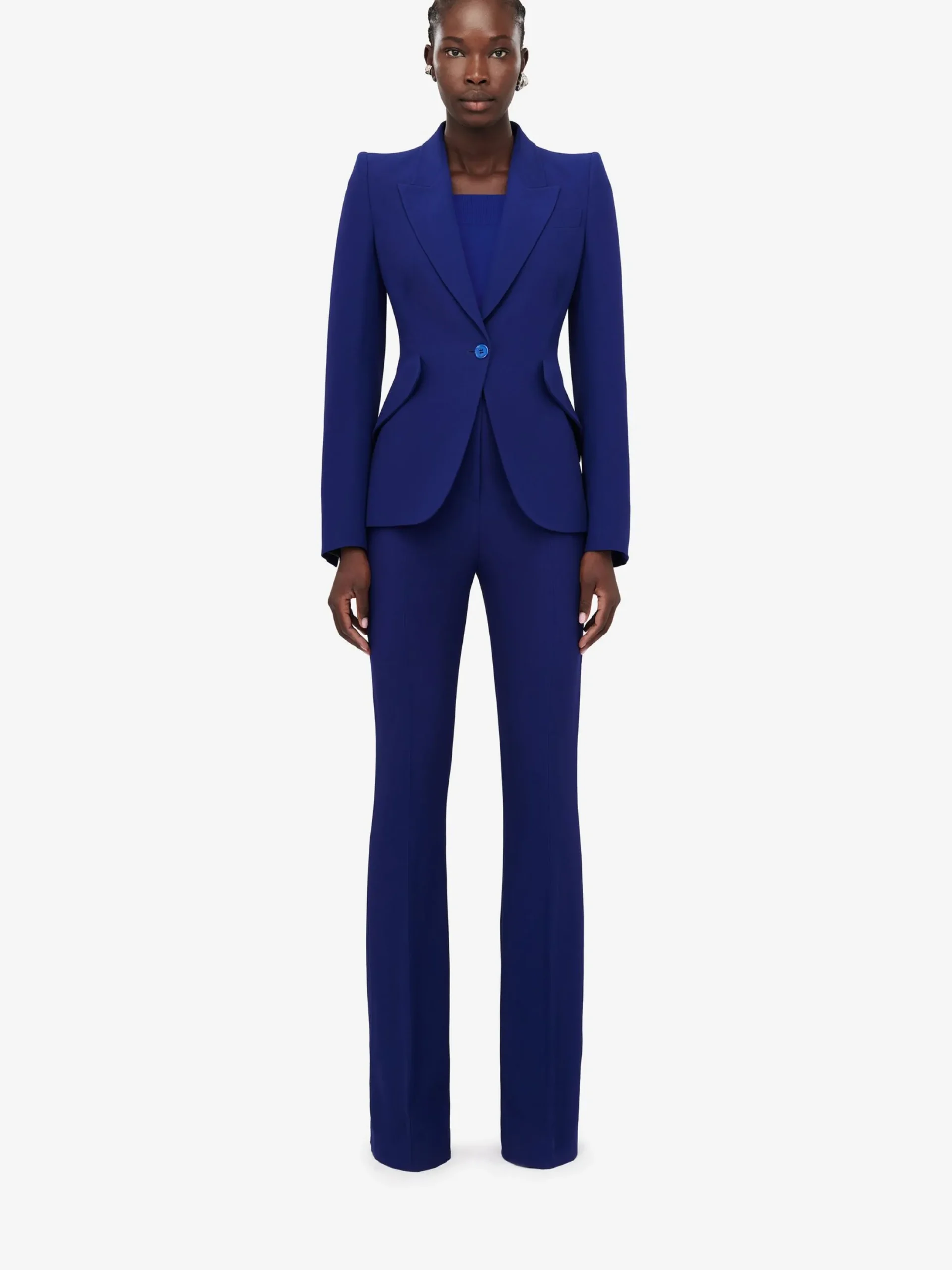Store Alexander McQueen Women's Peak Shoulder Leaf Crepe Jacket in Electric Navy