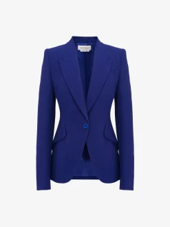 Store Alexander McQueen Women's Peak Shoulder Leaf Crepe Jacket in Electric Navy