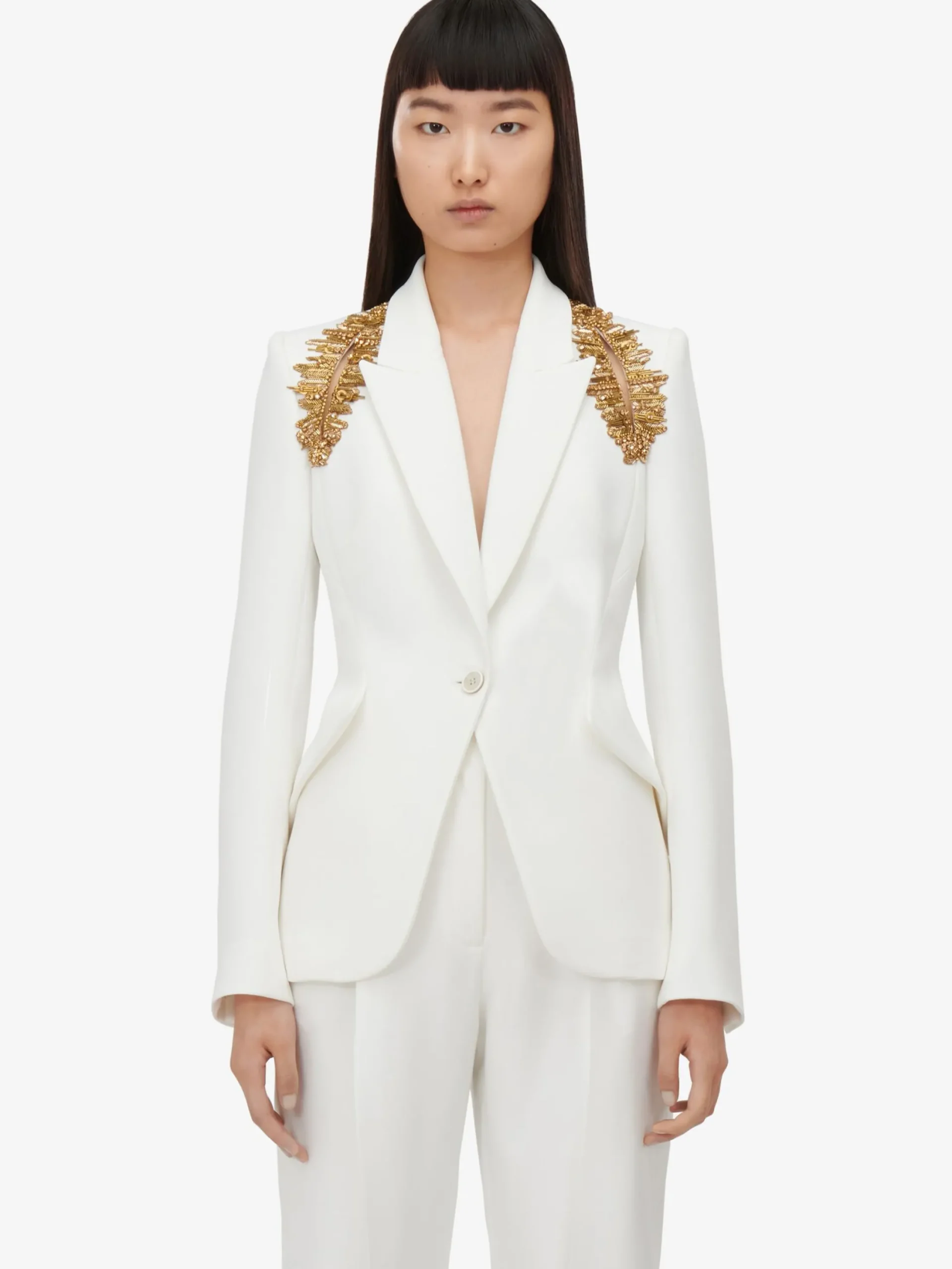 Fashion Alexander McQueen Women's Peak Shoulder Leaf Crepe Jacket in Light Ivory