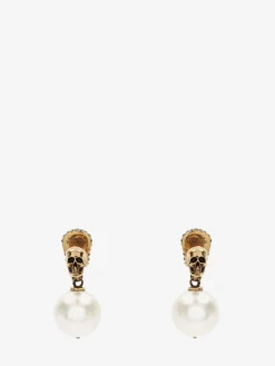 Discount Alexander McQueen Women's Pearl Pave Skull Earrings in Antique Gold