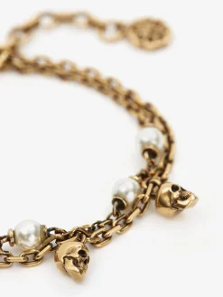 Best Alexander McQueen Women's Pearl Skull Chain Bracelet in Antique Gold