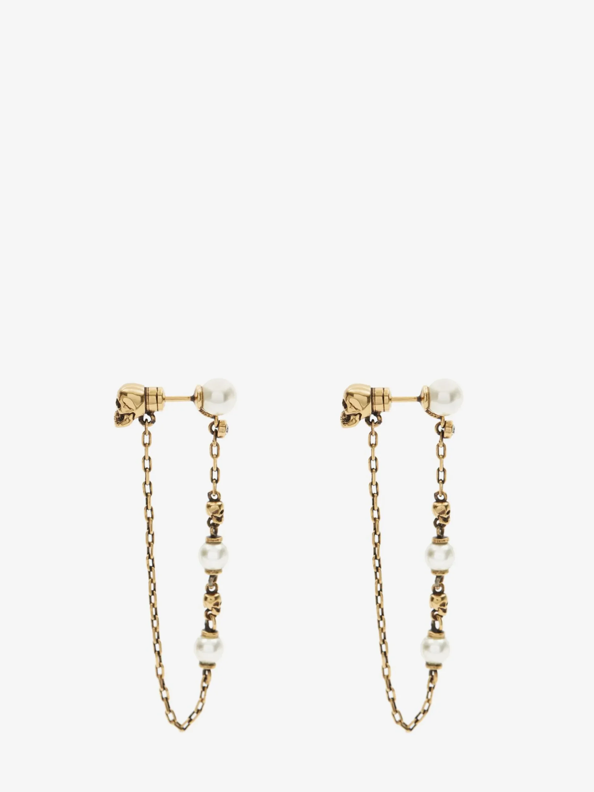 Clearance Alexander McQueen Women's Pearl Skull Drop Chain Earrings in Antique Gold
