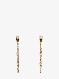 Clearance Alexander McQueen Women's Pearl Skull Drop Chain Earrings in Antique Gold