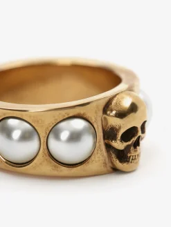 Best Sale Alexander McQueen Women's Pearl Skull Ring in Antique Gold