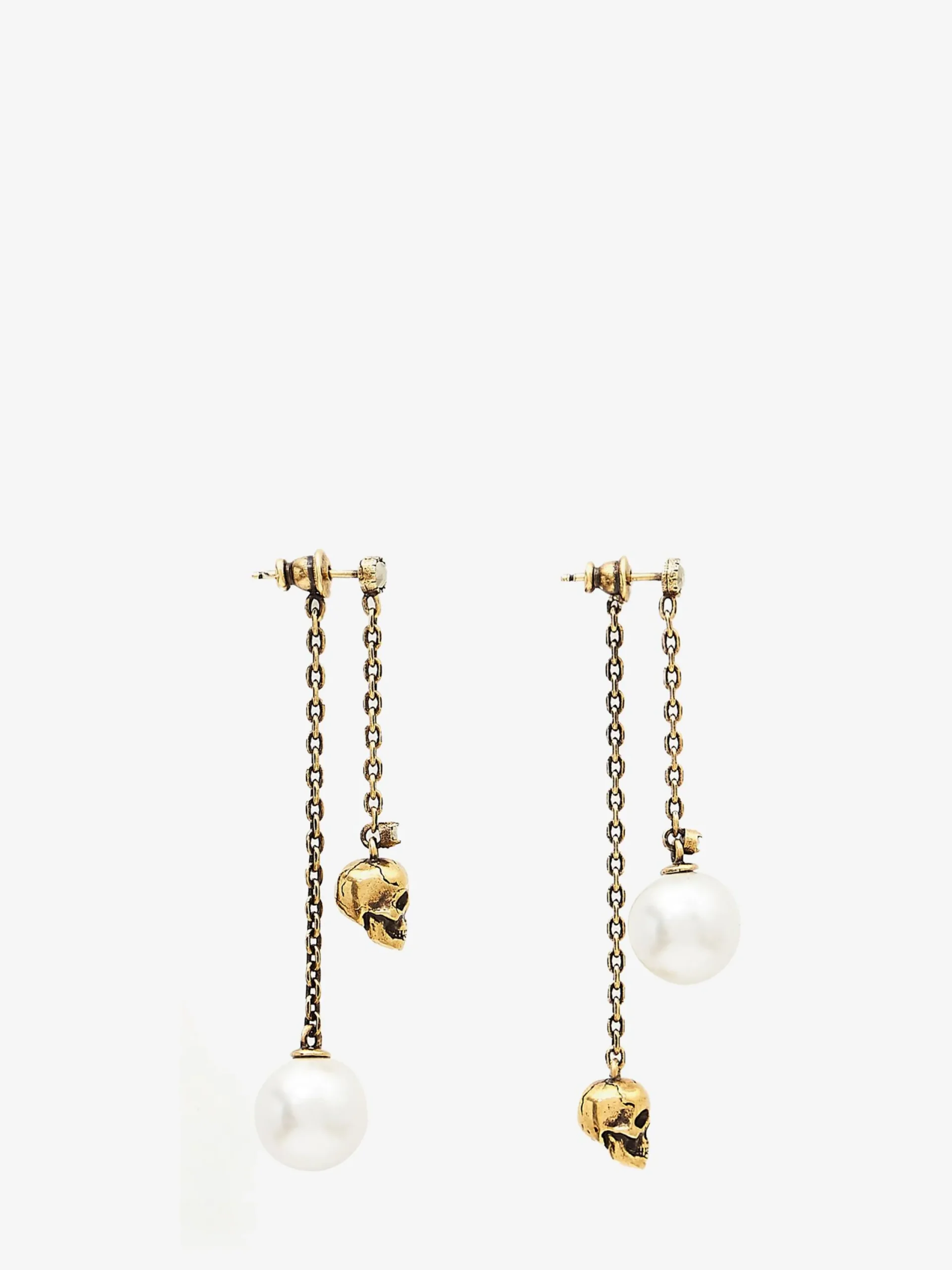 Store Alexander McQueen Women's Pearl-like Skull Chain Drop Earring in Antique Gold
