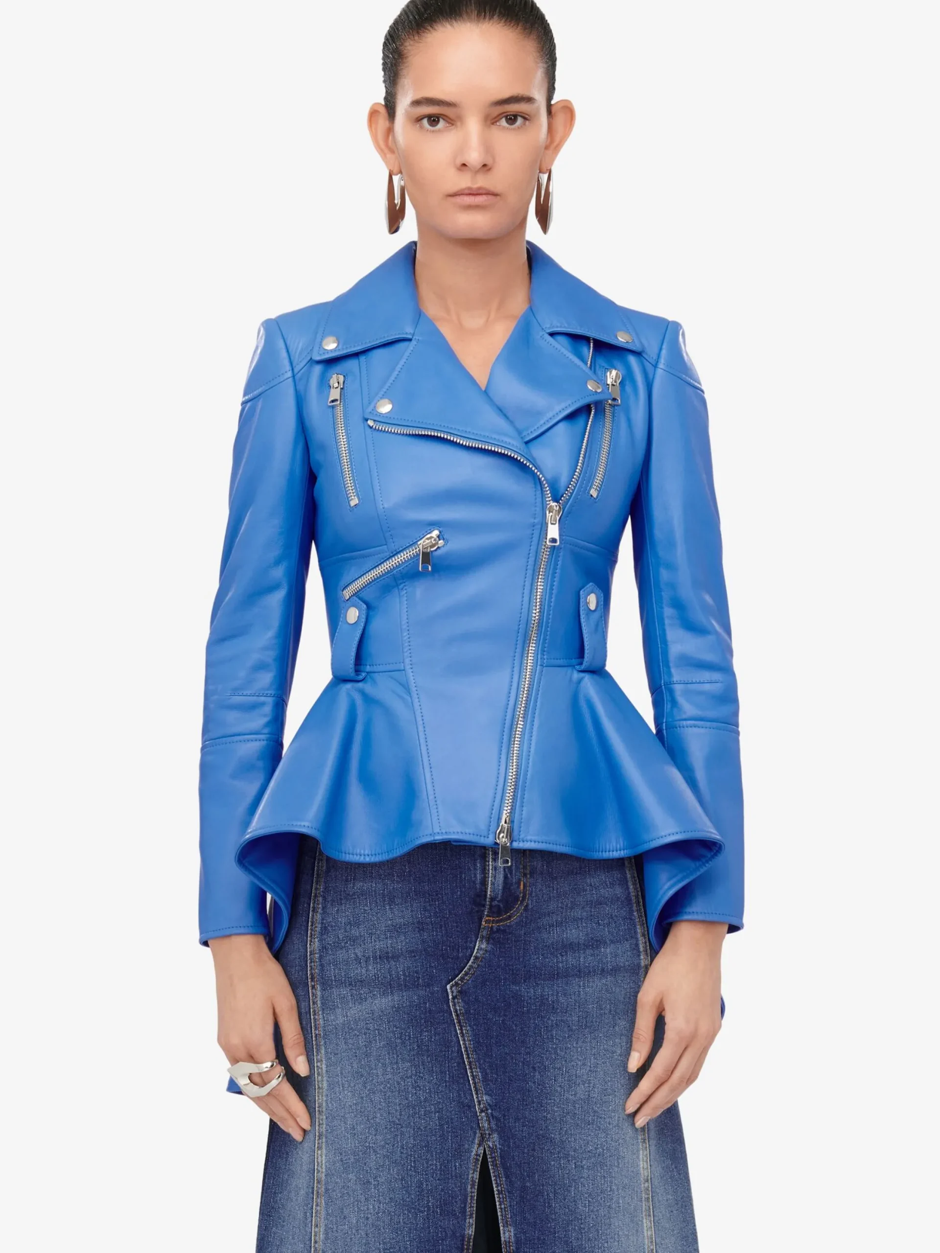 Discount Alexander McQueen Women's Peplum Leather Jacket in Lapis Blue