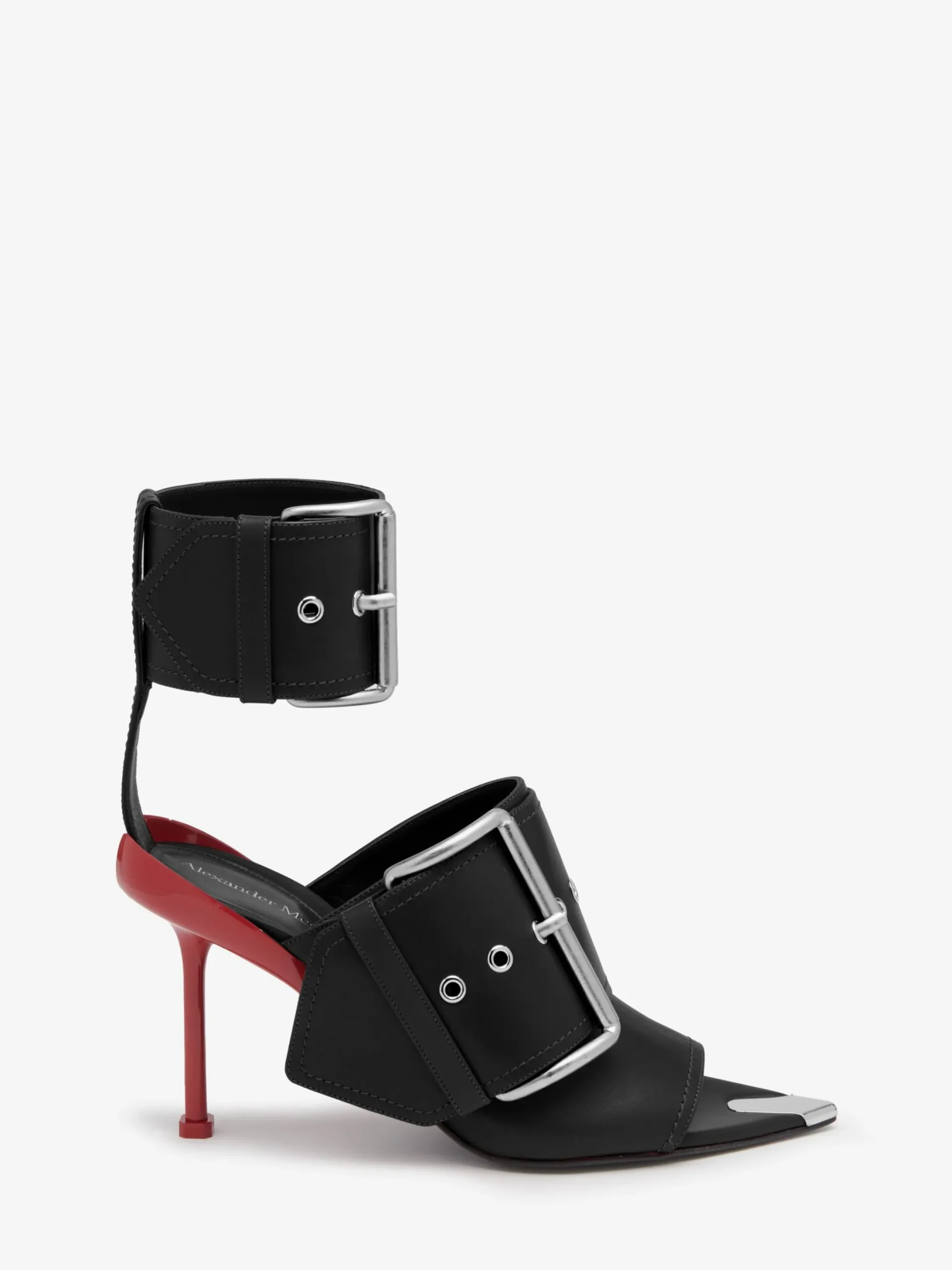Store Alexander McQueen Women's Slash Buckle Sandal in Black/Silver/Blood Red