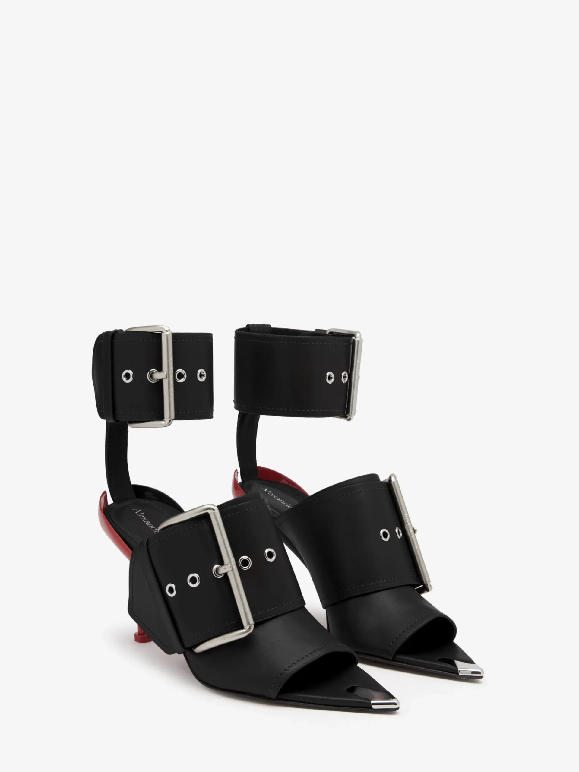Store Alexander McQueen Women's Slash Buckle Sandal in Black/Silver/Blood Red