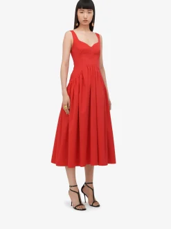 Fashion Alexander McQueen Women's Sweetheart Neckline Midi Dress in Lust Red