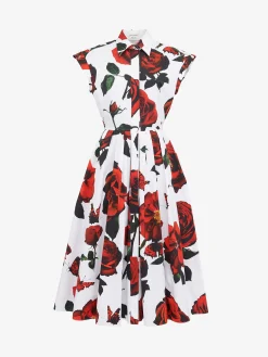 Discount Alexander McQueen Women's Tudor Rose Flared Shirt Dress in Optic White