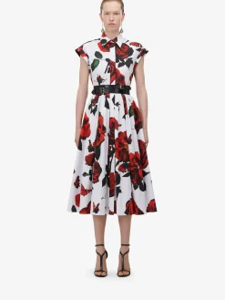 Discount Alexander McQueen Women's Tudor Rose Flared Shirt Dress in Optic White