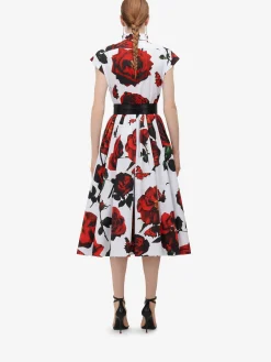 Discount Alexander McQueen Women's Tudor Rose Flared Shirt Dress in Optic White