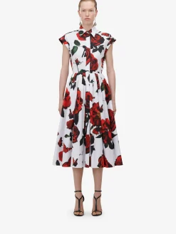 Discount Alexander McQueen Women's Tudor Rose Flared Shirt Dress in Optic White