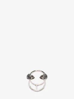 New Alexander McQueen Women's Twin Skull Double Ring in Silver